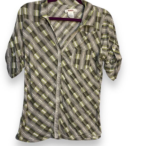 Bongo Button Up Shirt Women's Large Multicolor Geometric Pocket Roll Tab Sleeve - Picture 2 of 8